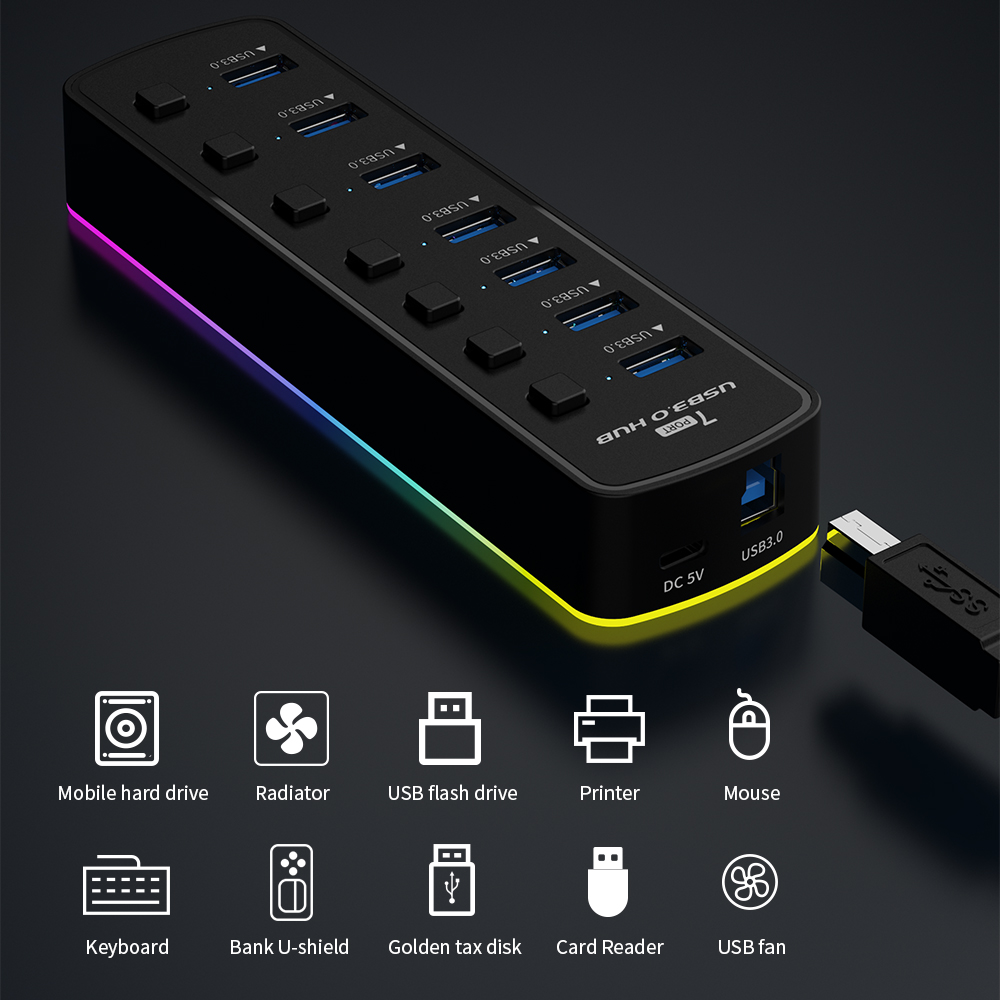 RGB USB 3.0 Hub 7 Port Adaptor - Esports Gaming Splitter ulasan dan harga
