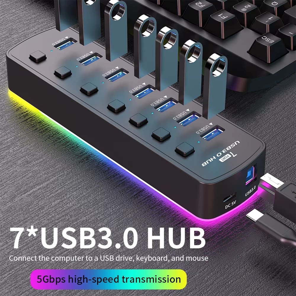 RGB USB 3.0 Hub 7 Port Adaptor - Esports Gaming Splitter ulasan dan harga