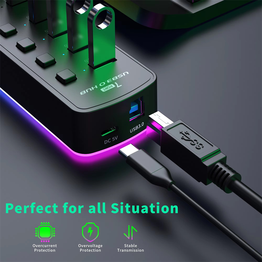 RGB USB 3.0 Hub 7 Port Adaptor - Esports Gaming Splitter ulasan dan harga